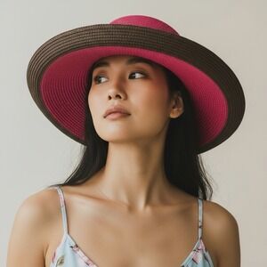 Filippo Catarzi Two-Tone Hot Pink & Brown Wide Brim Sun Hat‎ 100% Paper